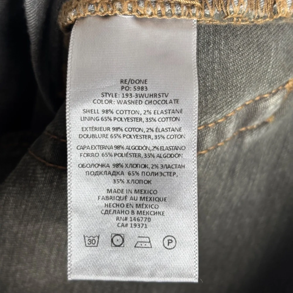 Re/Done 70s Ultra High Rise Stove Pipe Jean 27 Washed Chocolate Brown Raw Hem